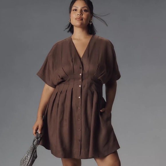 Anthropologie Dresses & Skirts - Anthropologie Exquise Amelie Brown Linen Pleated Mini Shirt Dress XL